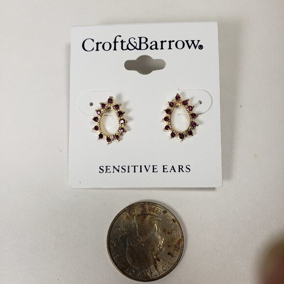 CROFT & BARROW, Women's Polished Gold-tone Hoop Pink Crystals Stud Earrings - Picture 6 of 8